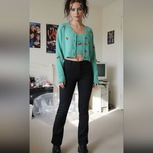 Sweet & Sinful By Dolls Kill Cherry Embroidered Green Cardigan Sweater Set Sz XL